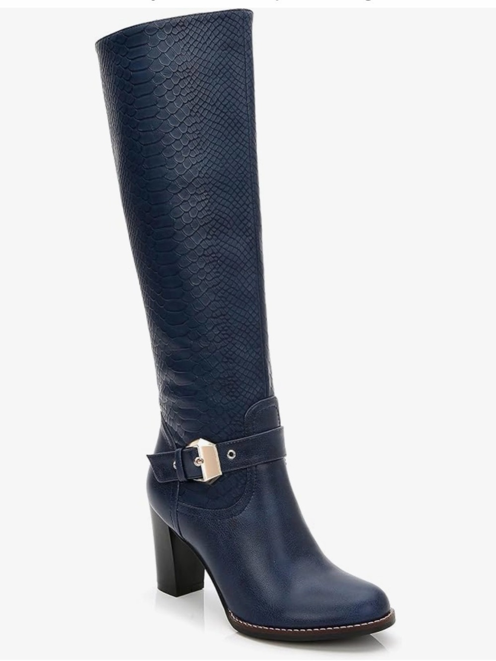 Navy Knee-High Block Heel Boot with Buckle